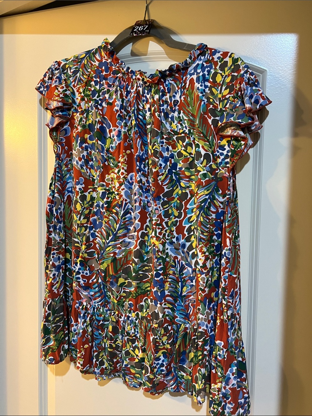 JODIFL Multicolor Leaf & Floral Print Ruffle Tunic - Red, Blue, Green, Yellow